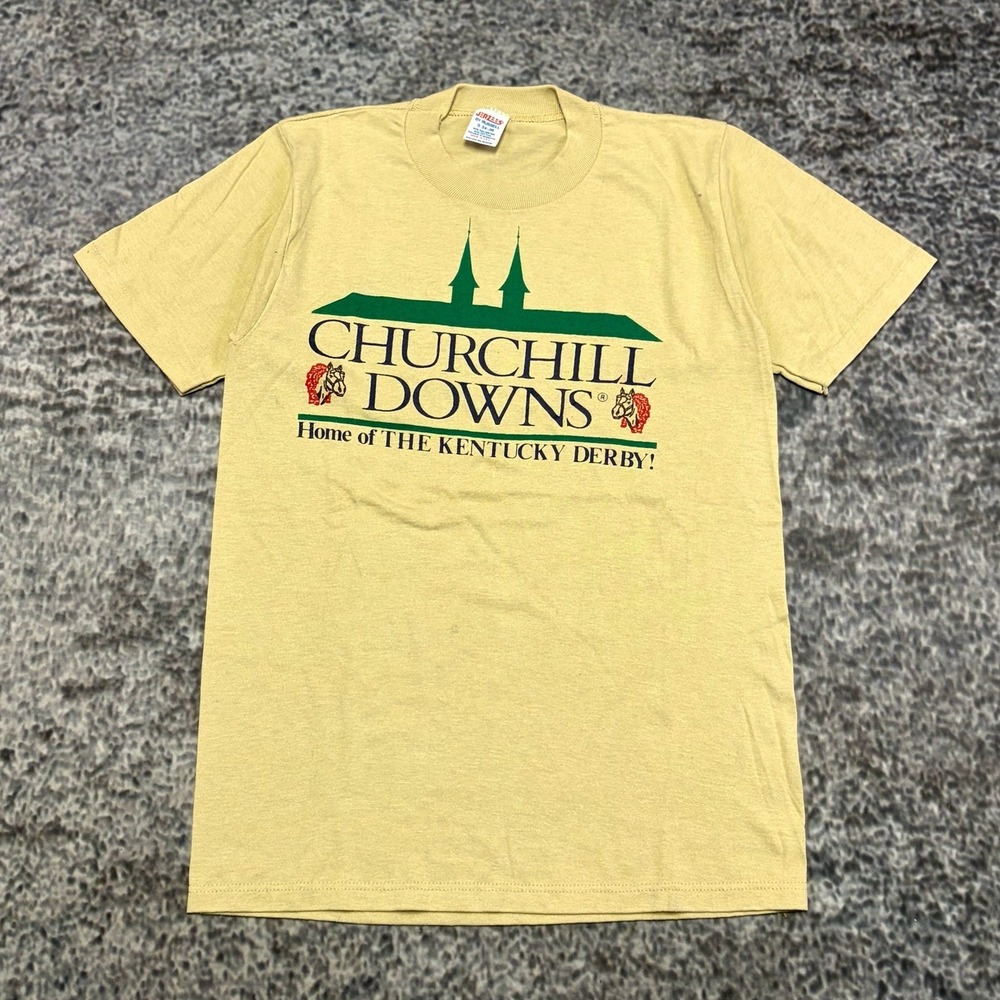 VTG Churchill Downs Kentucky Derby T Shirt Mens Small‎ Beige Jerzees USA 80s 90s